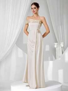 Vestido de gala de alta gama, diseño de parches de lentejuelas sin espalda, elegante y lujoso vestido de fiesta para dama, vestidos de noche lujosos para mujer, vestido suave de verano con lentejuelas blancas, formal, vestido de gala, para invitado de boda - Albaricoque - Ver 1