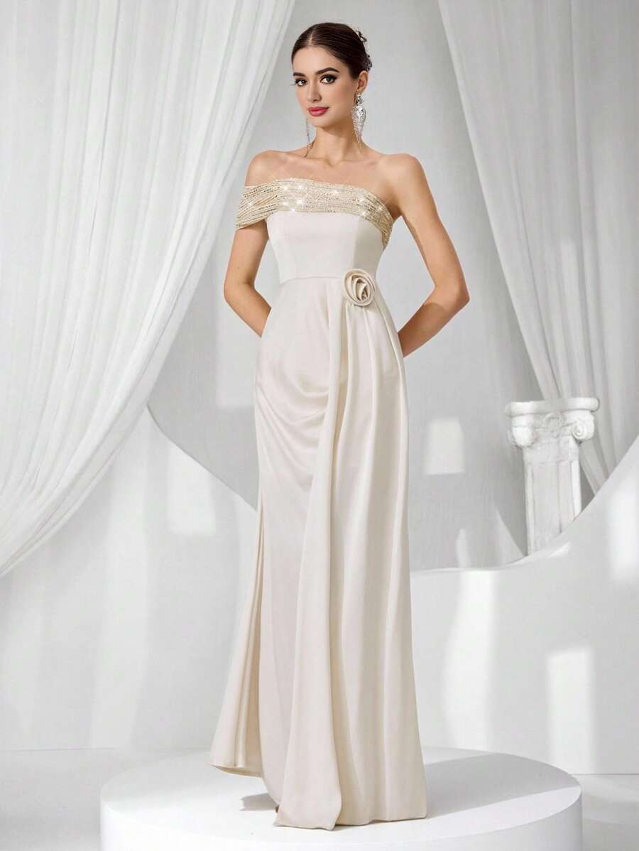 Vestido de gala de alta gama, diseño de parches de lentejuelas sin espalda, elegante y lujoso vestido de fiesta para dama, vestidos de noche lujosos para mujer, vestido suave de verano con lentejuelas blancas, formal, vestido de gala, para invitado de boda - Albaricoque - Ver 1