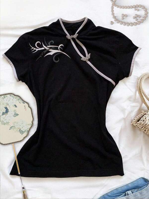 Tricou elegant cu mânecă scurtă, cu guler Cheongsam și garnitură contrastantă, de vară