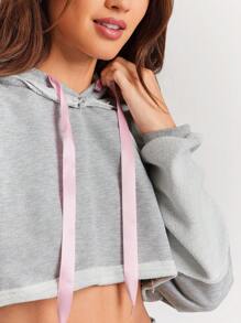 WESTFADE Terrycloth & Satin Ribbon Two Tone Sporty Long Sleeve Cropped Hoodie Sweatshirt Casual Cute Summer - Grey - View 4