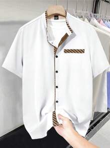 Manfinity Mode Men's Casual Summer Short Sleeve Striped Stand Collar Shirt, Slim Fit Button-Down Casual Shirt With Contrast Color Pocket Design, Versatile For Daily, Casual, Holiday, Commute, Gift For Husband Or Boyfriend Men Fitted Shirts Men Designer Shirts Style Shirts For Men Mens Fashion Shirts Men Dress Shirts Short