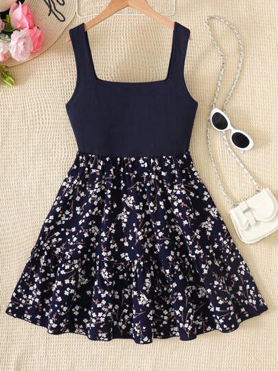 SHEIN Teen Girls Black Ditsy Floral Patchwork A-Line Knit Casual Vacation Dress