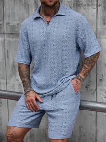 Manfinity Homme Men's Textured Knit Polo Shirt And Shorts Set Men Two Piece Casual Short Sets Mens Baby Blue Short Set Crochet Mens Short Set
