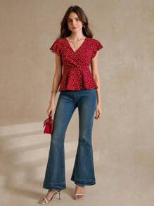 Amorya Allover Heart Print Butterfly Sleeve Peplum Tee Fall/Winter Women Clothes Back To School Modest Vintage Old Money Teacher Outfits For Women Airportpolka Dot - Red and White - View 4