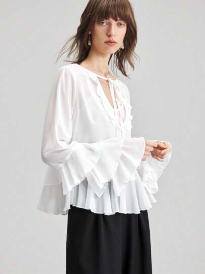 Ontre 2 合 1 女士优雅纯色喇叭袖衬衫和吊带背心套装，适合 7 月 4 日独立日、骄傲节、度假、海滩、生日派对、女教师节日服装、下午茶派对服装