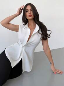 Firerie Blusa blanca de mujer, elegante y versátil, ideal para uso diario, de oficina o de vacaciones, sin mangas, con cuello asimétrico, cintura y bajo asimétrico - Blanco - Ver 6
