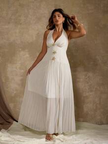 Flirla Plus Size Ruched Beach Holiday Sea Star Ocean Metal Women Dress - Apricot - View 4