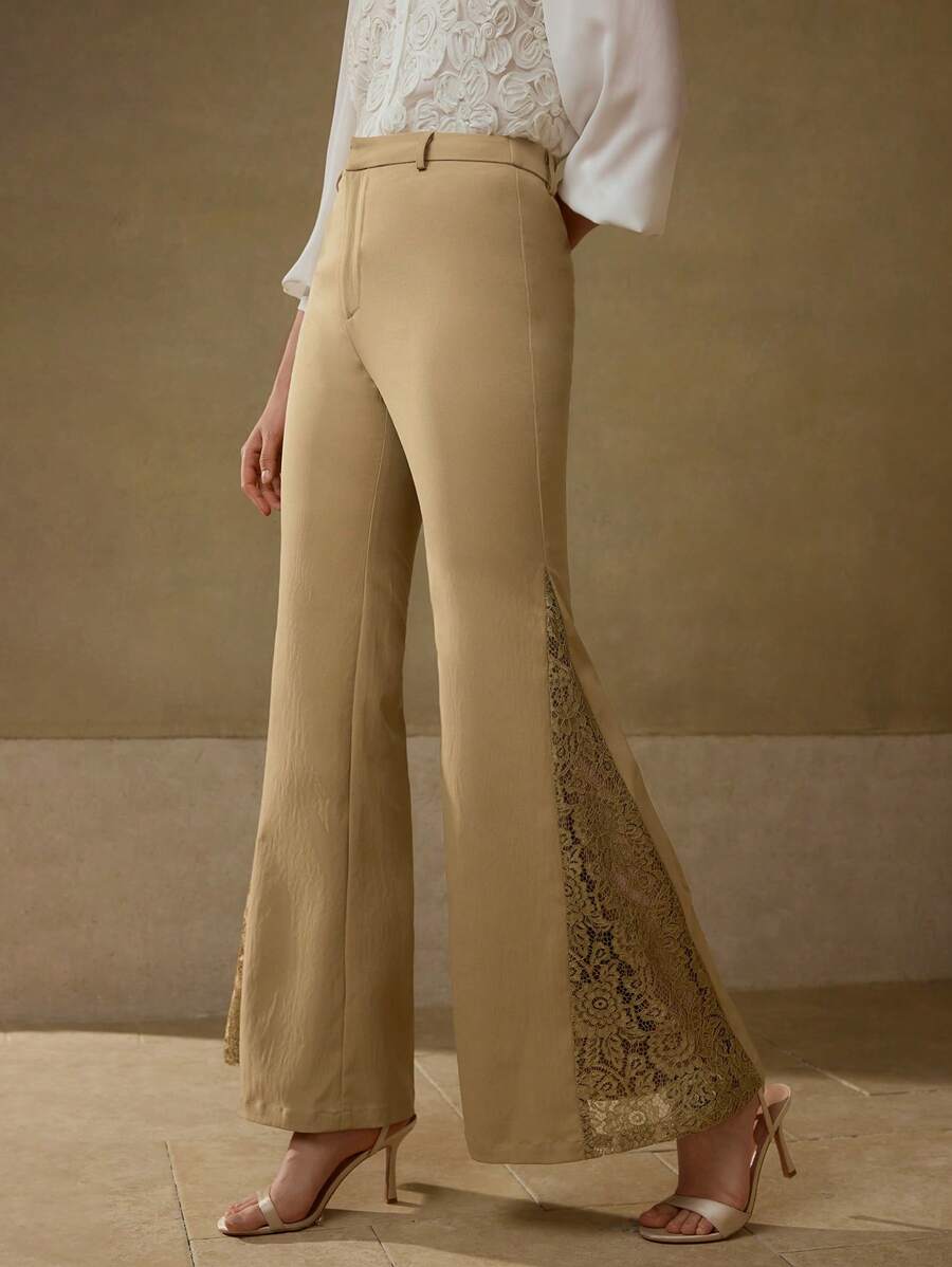 MOTF PREMIUM WOMEN'S ELEGANT COMMUTER LACE PATCHWORK FLARE LEG CASUAL PANTS - Khaki - View 2