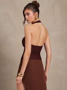 L'Amorae 女士金色金属装饰细节露背罗纹针织夏季休闲度假上衣 - 棕色 - 查看 2