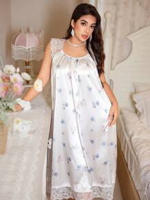 CottageSlumber CottageSlumber Romantic Lace Patchwork Faux Silk Printed Plus Size Nightgown, Moo Moo Sleep Dress