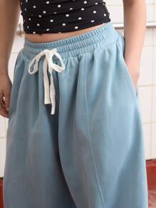 COUREZ 宽松筒状运动裤，缝线细节设计 / Y2K 夏季女装复古风下装 - 藍色 - 查看 5