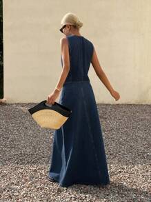 DAZY 女式 V 领无袖纯色牛仔上衣和迷你裙套装，时尚夏季 - 藍色 - 查看 3