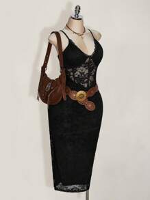 SHEIN ICON Vestido ceñido al Body de encaje de sirena con cintura ceñida de color negro en espiguilla talla grande, estilo bohemio, elegante bohemio, Y2K, para festival de música, vestido bohemio, vacaciones de verano - Negro - Ver 7