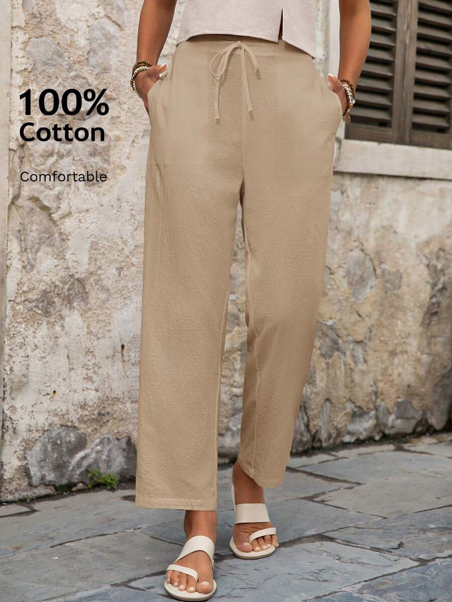 EMERY ROSE Pantalones largos casuales de unicolor con cordón y bolsillo, para verano - Caqui - Ver 1