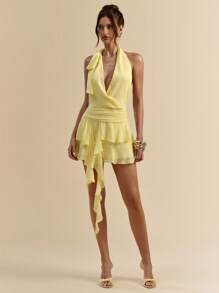 SHEIN BAE 奶油黄色垂坠领口系带荷叶边下摆迷你裙连衣裙，优雅甜美可爱的夏季连衣裙，适合音乐节、度假、海滩 - 黃色 - 查看 1