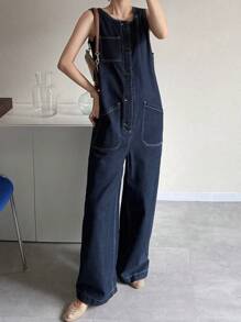 FRIFUL 女式宽松休闲口袋装饰直筒牛仔背带裤和连体裤