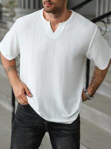 Manfinity Homme Plus Size Men's Summer Casual Solid Color Notch Neck Hollow Out T-Shirt - White - View 7