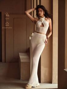 MOTF PREMIUM STEREO FLORAL CUT OUT TOP & SKIRT COVER UP SET FOR SUMMER BEACH VACATION - Beige - View 1