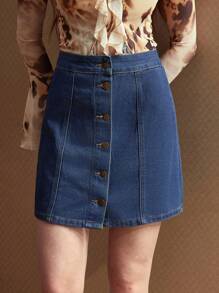 Selenza 女式单扣休闲百搭短款牛仔迷你裙