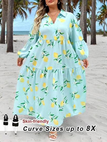 SHEIN CURVE+ Plus Size Vacation Leisure Island Spring And Summer Light Blue Lemon Print Seven Quarter Sleeves With Waist Cinched A, Pocket Long Shirt Dress, Pocket Long Dressbeach Outfits For Woman/Beach Dress/Beach Vacation Outfits/Beach Essentials / Graduation/Tea Party Dress,Sundresssummer/Country/Beach Vacation Outfits/Beach Outfits/Beach Wear