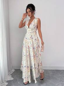 Elenzga Women's Holiday Summer Outfit, Graduation, Independence Day, Inspired By Ibiza, Romantic Alluring Woven Daisy Ditsy Floral Halter Criss-Cross Open Back Bowknot Deep V Waist Cut Open Leg Jumpsuit - Apricot - View 3