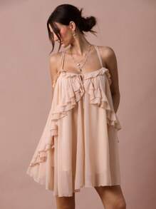 Enchnt Spring/Summer Romantic Women's Apricot Ruffle Hem Backless Loose Camisole Mini Dress,Sweet&Elegant For Vacation&Date&Holiday&Party&Graduation&Wedding Guest&Beach&Boho Chic,Prom Dress,Summer Dresses For Women,Sun Dresses For Women,Summer Clothes