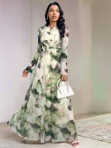 Veilorie Vestido con mangas abullonadas de estampado de tie-dye elegante para mujer