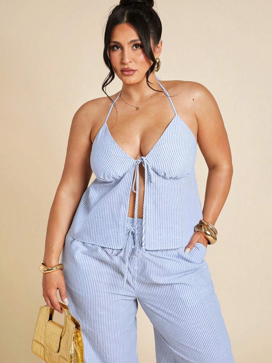 SHEIN BAE Plus Size 2pcs Set Summer Casual Striped Bow Print Tank Top And Pants Easter Vacation Boho Mother Day Simple & Fashionable Cozy Fit Relaxed Outfit,4th Of July Clothes,Memorial Day, Graduation,Work/Office,Vacation Outfits,Two Pieces Summer Set,Linen Set,Red White Blue Set,Linen Pants Womenummer Outfits For Women
