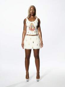 SUMWON WOMEN Y2K Renaissance Art Print Crop Top With Cross Embellishments - White - View 5