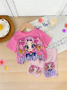 Baby Girl Cute Cartoon Pattern Knit Loose Short Sleeve T-Shirt And Elastic Waist Shorts Set For Summer - Multicolor - View 6