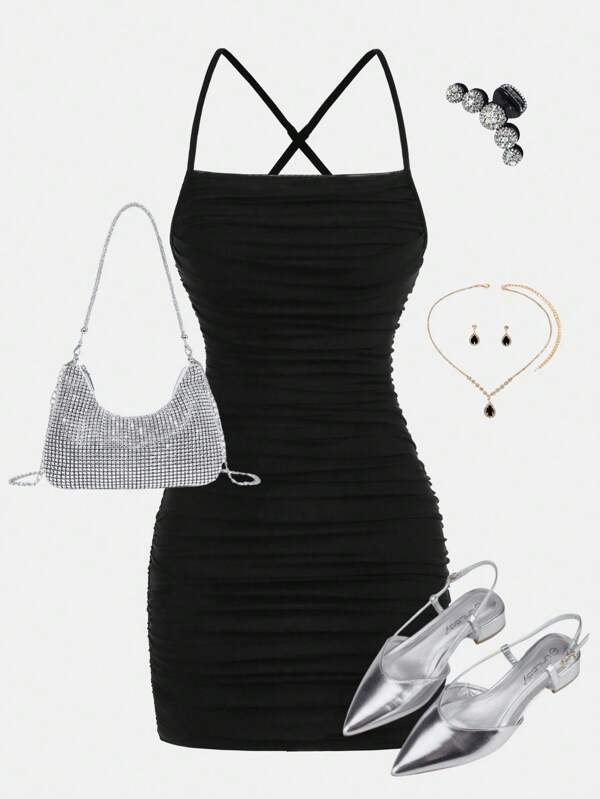 SHEIN Girlism Vestido de tirantes ajustado de malla negra de punto elástico para adolescentes, vestido corto sin espalda para fiestas y salidas, primavera y verano