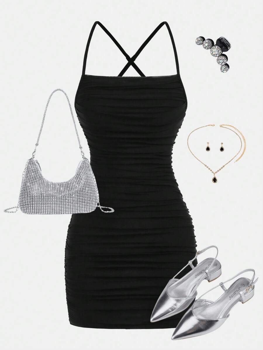 SHEIN Girlism 少女黑色网眼针织弹力贴身迷你吊带裙，露背无袖派对俱乐部装，春夏季 - 黑色 - 查看 1