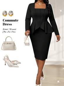 Fleurora  Autumn And Winter Elegant Plus Size Wedding Valentine's Day Purple Knitted Mermaid Long Sleeve Plus Size Co-Ord Spurple Skirt Two Pieces Fall Outfits Women Skirt Set Blazer Set - Black - View 1