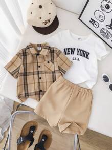 SHEIN 3pcs/Set Baby Boy Cute Summer Casual Plaid Short Sleeve Shirt, Elastic Waist Shorts, Letter Printed White T-Shirt Outfit - Multicolor - View 5