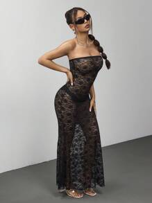 SHEIN Unity Sexy Lace Bandeau Mermaid Hem Dress, Spring/Summer - Black - View 7