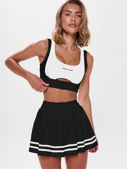 Musera Sport Ruched Side Contrast Panel Crop Bra Active Workout Gym,Padel Tennis Racquetball Pickleball Gym Fitness