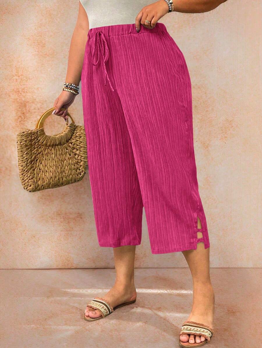 EMERY ROSE Pantalones de talla grande de color liso y texturizados, de estilo casual - Rosa Fucsia - Ver 1