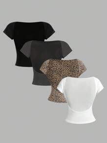 SHEIN Essnce 4 件豹纹纯色休闲圆领紧身镂空后背 T 恤，百搭女士短袖上衣，适合夏季外出 - 彩色 - 查看 2