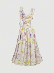 SHEIN MOD Scoop Neck Floral 3D Decor Romantic Floral Summer Vacation Dress,Bohemian Clothes