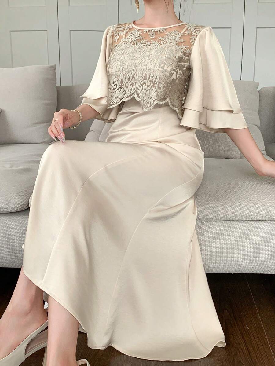 DAZY 女士优雅派对鸡尾酒礼服，饰有刺绣网纱荷叶袖，收腰设计，鱼尾裙摆，夏季 - 杏色 - 查看 1