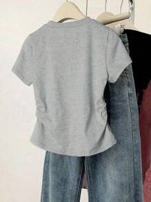 SHEIN 少女休闲百搭熊抱字母印花圆领短袖修身T恤 - 灰色 - 查看 2