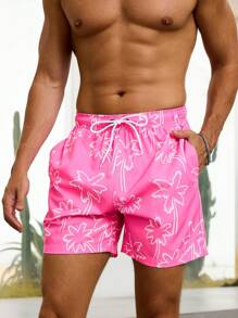Manfinity VDAYZ Men's Floral Print Pocket Drawstring Waist Beach Shorts, Suitable For Summer, Hawaiian Beach Wear Men Beach Shorts