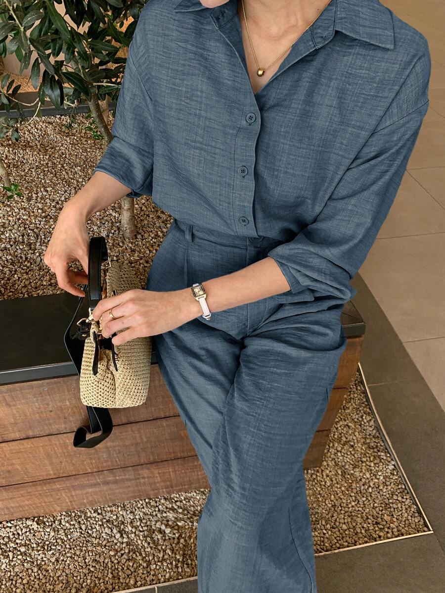 DAZY 女士优雅衬衫上衣和休闲裤两件套，时尚套装，秋季女士家居服套装 - 藏蓝色 - 查看 1