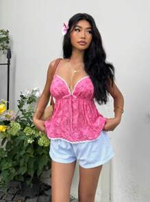 SHEIN EZwear Ladies' Holiday Casual Rose Red Hollow Embroidery Camisole Top - Hot Pink - View 5
