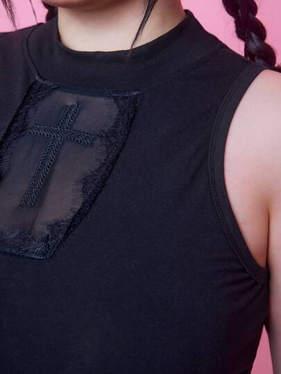 Goth Vestido de talla grande con sobrecapa transparente con bordado de cruz gótico