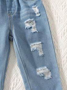 SHEIN 2pcs/Set Baby Boy Cute Summer Patchwork Short Sleeve Top & Elastic Waist Ripped Blue Denim Pants Set Baby Jeans Set Baby Girl Summer Outfit Baby Girl Summer Set