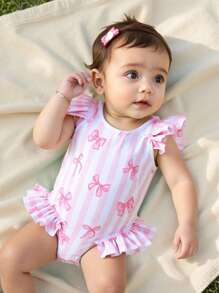 可爱新生儿/婴儿女宝宝荷叶边蝴蝶和条纹印花连体泳衣 - 彩色 - 查看 3