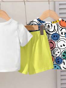 SHEIN 2pcs/Set Boy's Casual Cartoon Print Round Neck T-Shirt And Shorts Set, Suitable For Summer