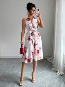 Elenzga 女士优雅浪漫花卉印花系腰中长款无袖连衣裙 - 彩色 - 查看 5