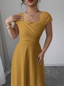 Modelyn 女士方领优雅裹身中长连衣裙，纯色 - 黃色 - 查看 5